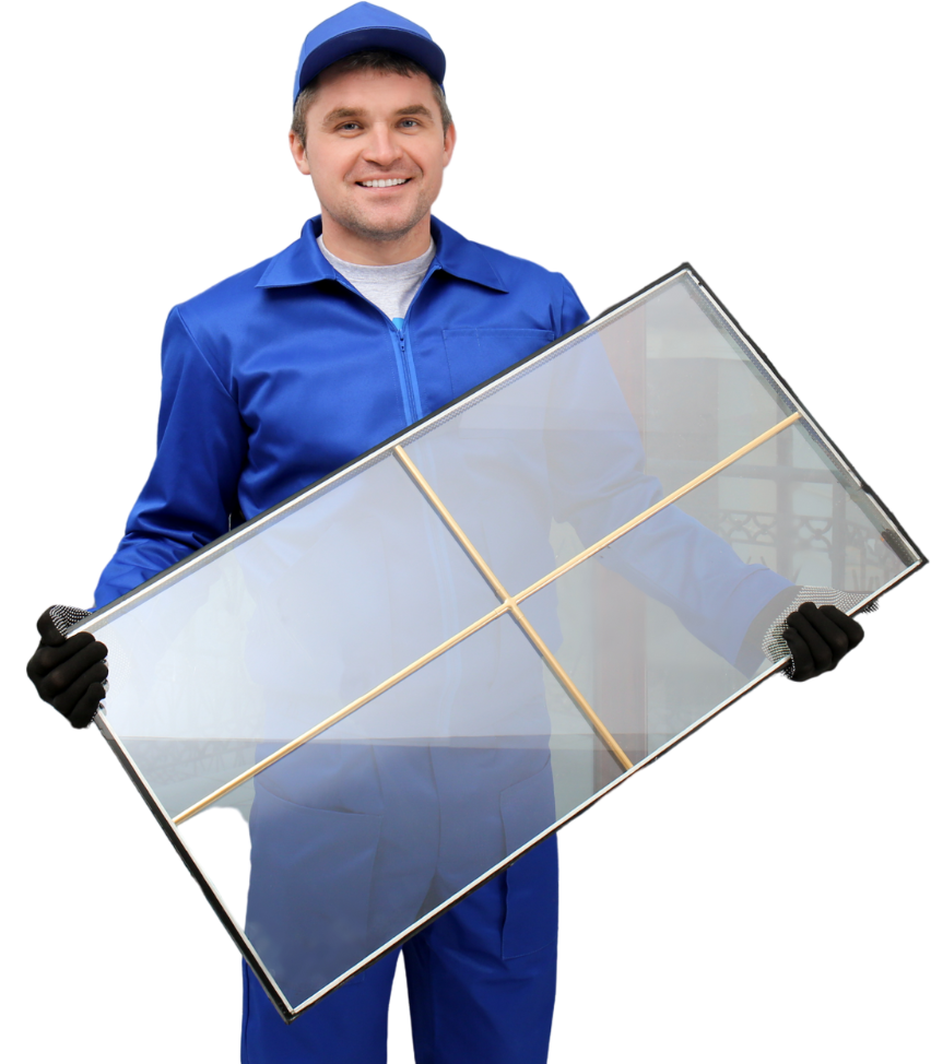 A man is hold a window glass