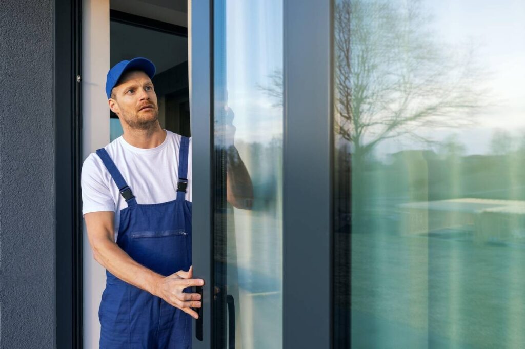 A man is repairing a door looking shock